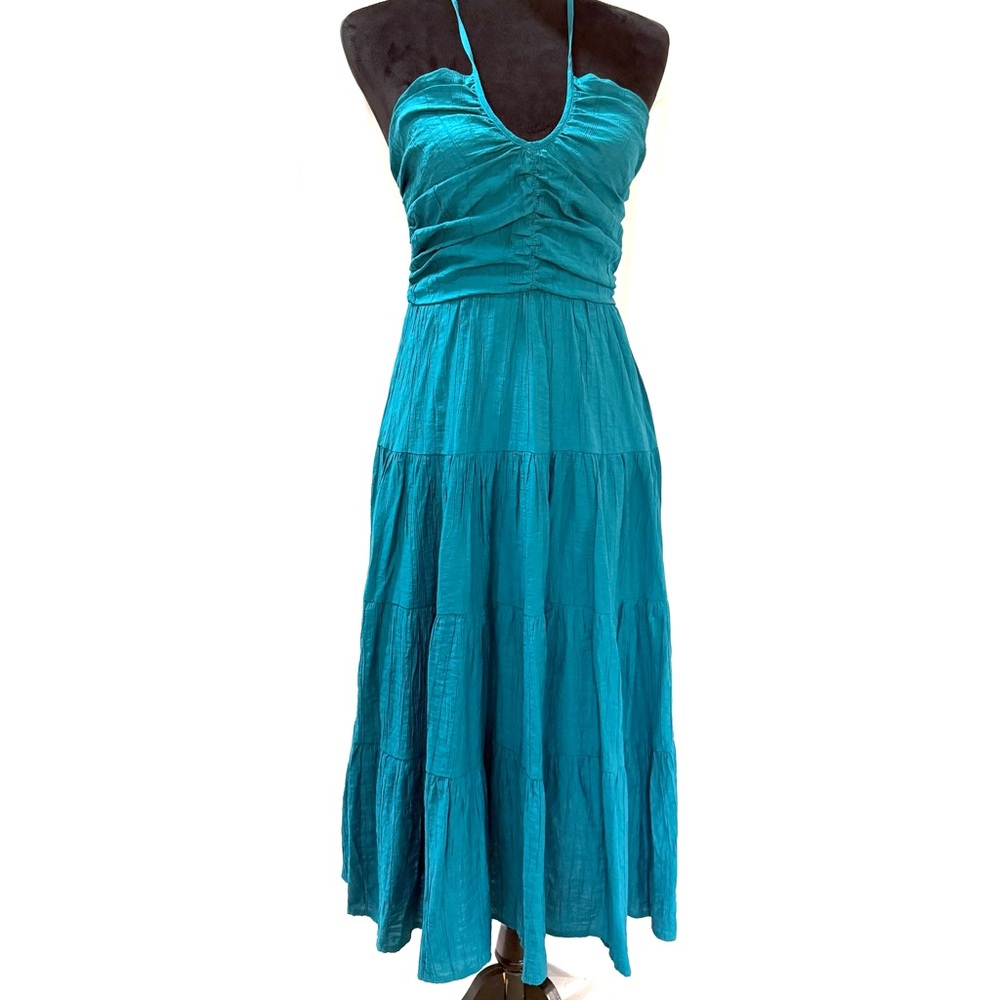 Ruched Tiered Midi Halter Dress with Smocked Back, Teal, Size S